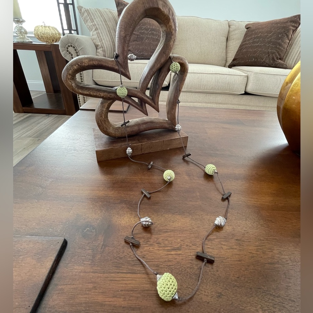 Handmade Long Necklace with Green Crochet Beads